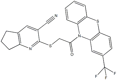 2-({2-oxo-2-[2-(trifluoromethyl)-10H-phenothiazin-10-yl]ethyl}sulfanyl)-6,7-dihydro-5H-cyclopenta[b]pyridine-3-carbonitrile Struktur