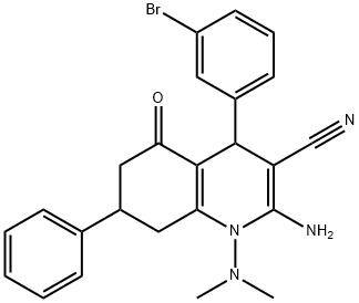 2-amino-4-(3-bromophenyl)-1-(dimethylamino)-5-oxo-7-phenyl-1,4,5,6,7,8-hexahydro-3-quinolinecarbonitrile Struktur