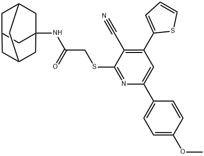 N-(1-adamantyl)-2-{[3-cyano-6-(4-methoxyphenyl)-4-thien-2-ylpyridin-2-yl]sulfanyl}acetamide Struktur