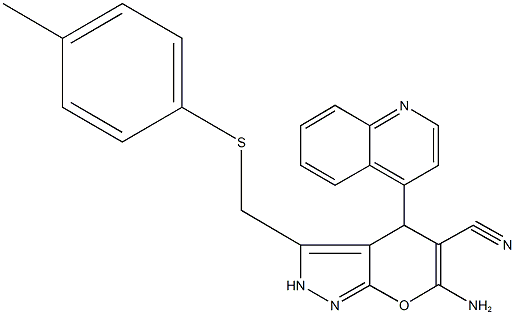 6-amino-3-{[(4-methylphenyl)sulfanyl]methyl}-4-(4-quinolinyl)-2,4-dihydropyrano[2,3-c]pyrazole-5-carbonitrile Struktur