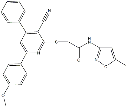 2-{[3-cyano-6-(4-methoxyphenyl)-4-phenyl-2-pyridinyl]sulfanyl}-N-(5-methyl-3-isoxazolyl)acetamide Struktur