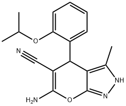 6-amino-3-methyl-4-{2-[(1-methylethyl)oxy]phenyl}-2,4-dihydropyrano[2,3-c]pyrazole-5-carbonitrile Struktur