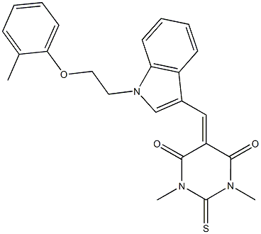 1,3-dimethyl-5-({1-[2-(2-methylphenoxy)ethyl]-1H-indol-3-yl}methylene)-2-thioxodihydro-4,6(1H,5H)-pyrimidinedione Struktur