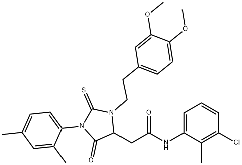 N-(3-chloro-2-methylphenyl)-2-[3-[2-(3,4-dimethoxyphenyl)ethyl]-1-(2,4-dimethylphenyl)-5-oxo-2-thioxo-4-imidazolidinyl]acetamide Struktur