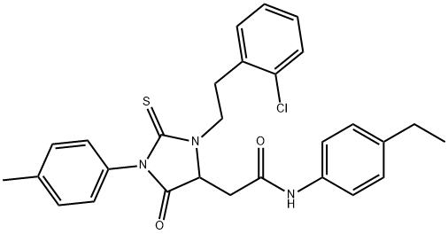 2-[3-[2-(2-chlorophenyl)ethyl]-1-(4-methylphenyl)-5-oxo-2-thioxo-4-imidazolidinyl]-N-(4-ethylphenyl)acetamide Struktur