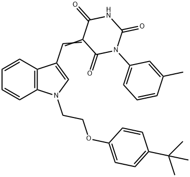 5-({1-[2-(4-tert-butylphenoxy)ethyl]-1H-indol-3-yl}methylene)-1-(3-methylphenyl)-2,4,6(1H,3H,5H)-pyrimidinetrione Struktur