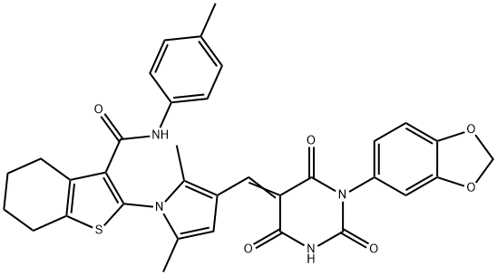 2-{3-[(1-(1,3-benzodioxol-5-yl)-2,4,6-trioxotetrahydro-5(2H)-pyrimidinylidene)methyl]-2,5-dimethyl-1H-pyrrol-1-yl}-N-(4-methylphenyl)-4,5,6,7-tetrahydro-1-benzothiophene-3-carboxamide Struktur