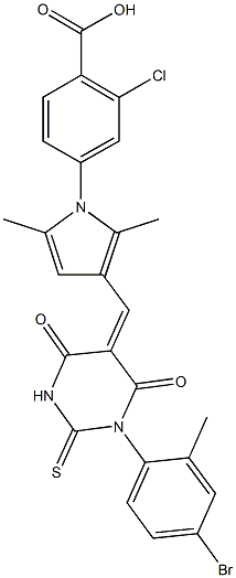 4-{3-[(1-(4-bromo-2-methylphenyl)-4,6-dioxo-2-thioxotetrahydro-5(2H)-pyrimidinylidene)methyl]-2,5-dimethyl-1H-pyrrol-1-yl}-2-chlorobenzoic acid Struktur