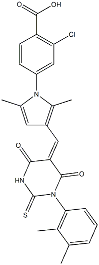 2-chloro-4-{3-[(1-(2,3-dimethylphenyl)-4,6-dioxo-2-thioxotetrahydro-5(2H)-pyrimidinylidene)methyl]-2,5-dimethyl-1H-pyrrol-1-yl}benzoic acid Struktur