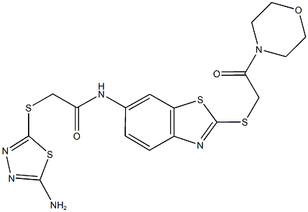 2-[(5-amino-1,3,4-thiadiazol-2-yl)sulfanyl]-N-{2-[(2-morpholin-4-yl-2-oxoethyl)sulfanyl]-1,3-benzothiazol-6-yl}acetamide Struktur