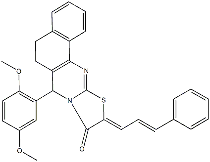 7-(2,5-dimethoxyphenyl)-10-(3-phenyl-2-propenylidene)-5,7-dihydro-6H-benzo[h][1,3]thiazolo[2,3-b]quinazolin-9(10H)-one Struktur