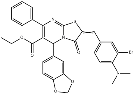 ethyl 5-(1,3-benzodioxol-5-yl)-2-[3-bromo-4-(dimethylamino)benzylidene]-3-oxo-7-phenyl-2,3-dihydro-5H-[1,3]thiazolo[3,2-a]pyrimidine-6-carboxylate Struktur