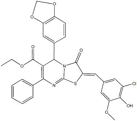 ethyl 5-(1,3-benzodioxol-5-yl)-2-(3-chloro-4-hydroxy-5-methoxybenzylidene)-3-oxo-7-phenyl-2,3-dihydro-5H-[1,3]thiazolo[3,2-a]pyrimidine-6-carboxylate Struktur