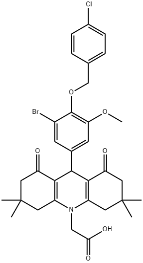 (9-{3-bromo-4-[(4-chlorobenzyl)oxy]-5-methoxyphenyl}-3,3,6,6-tetramethyl-1,8-dioxo-2,3,4,5,6,7,8,9-octahydro-10(1H)-acridinyl)acetic acid Struktur