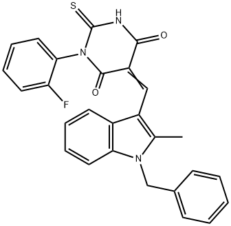 5-[(1-benzyl-2-methyl-1H-indol-3-yl)methylene]-1-(2-fluorophenyl)-2-thioxodihydro-4,6(1H,5H)-pyrimidinedione Struktur