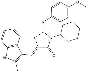 3-cyclohexyl-2-[(4-methoxyphenyl)imino]-5-[(2-methyl-1H-indol-3-yl)methylene]-1,3-thiazolidin-4-one Struktur