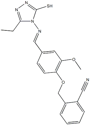 2-[(4-{[(3-ethyl-5-sulfanyl-4H-1,2,4-triazol-4-yl)imino]methyl}-2-methoxyphenoxy)methyl]benzonitrile Struktur