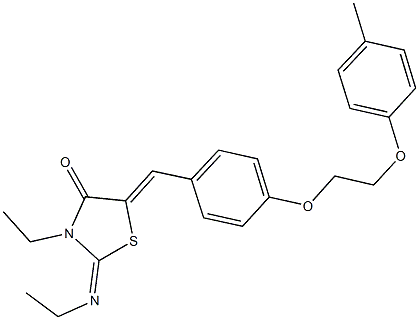 3-ethyl-2-(ethylimino)-5-{4-[2-(4-methylphenoxy)ethoxy]benzylidene}-1,3-thiazolidin-4-one Struktur