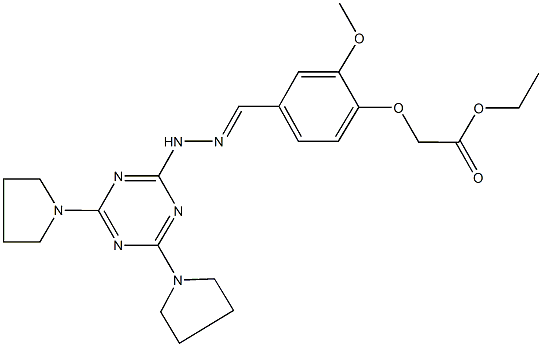 ethyl (4-{2-[4,6-di(1-pyrrolidinyl)-1,3,5-triazin-2-yl]carbohydrazonoyl}-2-methoxyphenoxy)acetate Struktur