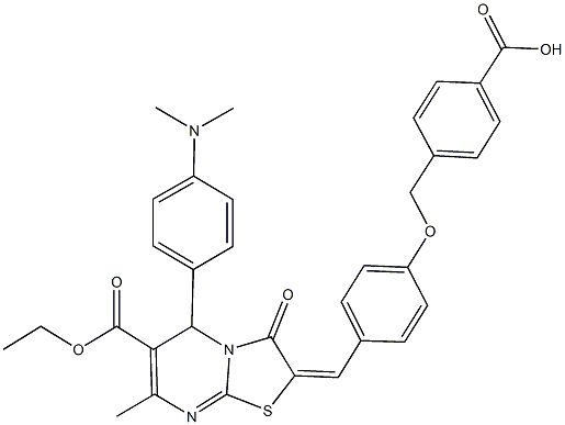 4-({4-[(5-[4-(dimethylamino)phenyl]-6-(ethoxycarbonyl)-7-methyl-3-oxo-5H-[1,3]thiazolo[3,2-a]pyrimidin-2(3H)-ylidene)methyl]phenoxy}methyl)benzoic acid Struktur