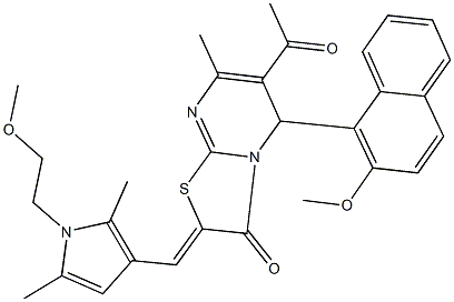 6-acetyl-2-{[1-(2-methoxyethyl)-2,5-dimethyl-1H-pyrrol-3-yl]methylene}-5-(2-methoxy-1-naphthyl)-7-methyl-5H-[1,3]thiazolo[3,2-a]pyrimidin-3(2H)-one Struktur