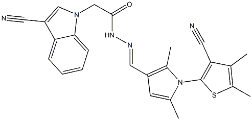 N'-{[1-(3-cyano-4,5-dimethyl-2-thienyl)-2,5-dimethyl-1H-pyrrol-3-yl]methylene}-2-(3-cyano-1H-indol-1-yl)acetohydrazide Struktur