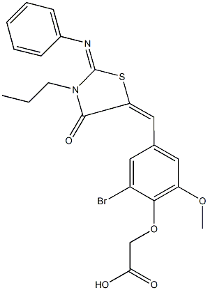 (2-bromo-6-methoxy-4-{[4-oxo-2-(phenylimino)-3-propyl-1,3-thiazolidin-5-ylidene]methyl}phenoxy)acetic acid Struktur