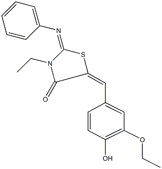 5-(3-ethoxy-4-hydroxybenzylidene)-3-ethyl-2-(phenylimino)-1,3-thiazolidin-4-one Struktur