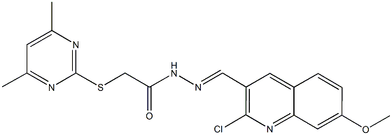 N'-[(2-chloro-7-methoxy-3-quinolinyl)methylene]-2-[(4,6-dimethyl-2-pyrimidinyl)sulfanyl]acetohydrazide Struktur