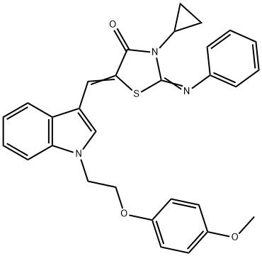 3-cyclopropyl-5-({1-[2-(4-methoxyphenoxy)ethyl]-1H-indol-3-yl}methylene)-2-(phenylimino)-1,3-thiazolidin-4-one Struktur