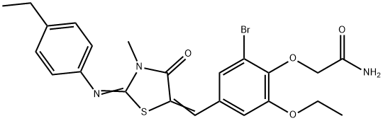 2-[2-bromo-6-ethoxy-4-({2-[(4-ethylphenyl)imino]-3-methyl-4-oxo-1,3-thiazolidin-5-ylidene}methyl)phenoxy]acetamide Struktur