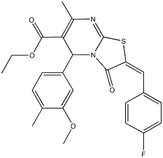 ethyl 2-(4-fluorobenzylidene)-5-(3-methoxy-4-methylphenyl)-7-methyl-3-oxo-2,3-dihydro-5H-[1,3]thiazolo[3,2-a]pyrimidine-6-carboxylate Struktur