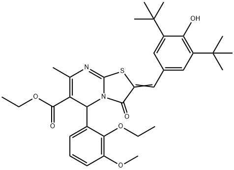 ethyl 2-(3,5-ditert-butyl-4-hydroxybenzylidene)-5-(2-ethoxy-3-methoxyphenyl)-7-methyl-3-oxo-2,3-dihydro-5H-[1,3]thiazolo[3,2-a]pyrimidine-6-carboxylate Struktur