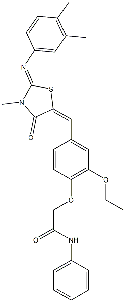 2-[4-({2-[(3,4-dimethylphenyl)imino]-3-methyl-4-oxo-1,3-thiazolidin-5-ylidene}methyl)-2-ethoxyphenoxy]-N-phenylacetamide Struktur