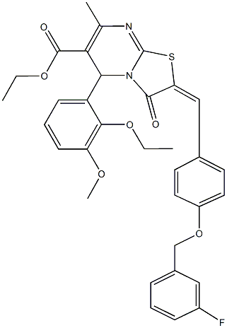 ethyl 5-(2-ethoxy-3-methoxyphenyl)-2-{4-[(3-fluorobenzyl)oxy]benzylidene}-7-methyl-3-oxo-2,3-dihydro-5H-[1,3]thiazolo[3,2-a]pyrimidine-6-carboxylate Struktur