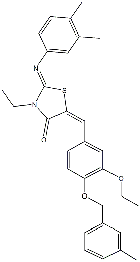 2-[(3,4-dimethylphenyl)imino]-5-{3-ethoxy-4-[(3-methylbenzyl)oxy]benzylidene}-3-ethyl-1,3-thiazolidin-4-one Struktur