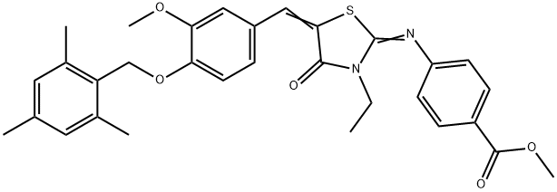 methyl 4-({3-ethyl-5-[4-(mesitylmethoxy)-3-methoxybenzylidene]-4-oxo-1,3-thiazolidin-2-ylidene}amino)benzoate Struktur