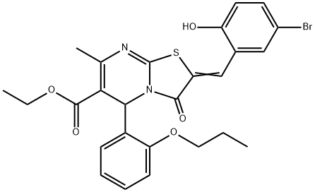 ethyl 2-(5-bromo-2-hydroxybenzylidene)-7-methyl-3-oxo-5-(2-propoxyphenyl)-2,3-dihydro-5H-[1,3]thiazolo[3,2-a]pyrimidine-6-carboxylate Struktur