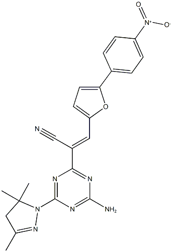 2-[4-amino-6-(3,5,5-trimethyl-4,5-dihydro-1H-pyrazol-1-yl)-1,3,5-triazin-2-yl]-3-(5-{4-nitrophenyl}-2-furyl)acrylonitrile Struktur