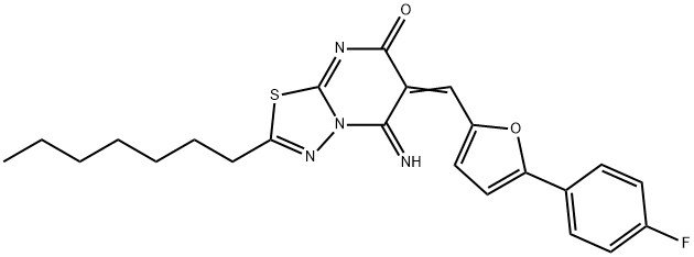 6-{[5-(4-fluorophenyl)-2-furyl]methylene}-2-heptyl-5-imino-5,6-dihydro-7H-[1,3,4]thiadiazolo[3,2-a]pyrimidin-7-one Struktur