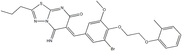 6-{3-bromo-5-methoxy-4-[2-(2-methylphenoxy)ethoxy]benzylidene}-5-imino-2-propyl-5,6-dihydro-7H-[1,3,4]thiadiazolo[3,2-a]pyrimidin-7-one Struktur