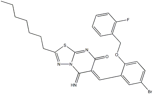 6-{5-bromo-2-[(2-fluorobenzyl)oxy]benzylidene}-2-heptyl-5-imino-5,6-dihydro-7H-[1,3,4]thiadiazolo[3,2-a]pyrimidin-7-one Struktur