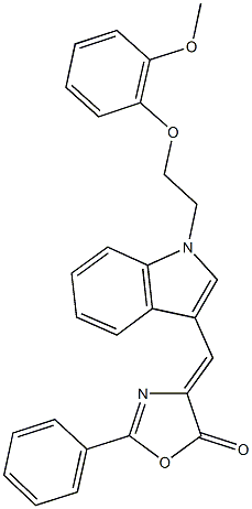 4-({1-[2-(2-methoxyphenoxy)ethyl]-1H-indol-3-yl}methylene)-2-phenyl-1,3-oxazol-5(4H)-one Struktur