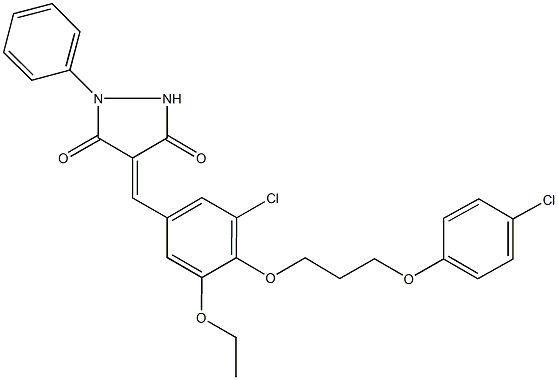 4-{3-chloro-4-[3-(4-chlorophenoxy)propoxy]-5-ethoxybenzylidene}-1-phenyl-3,5-pyrazolidinedione Struktur