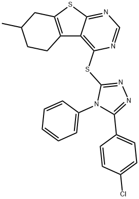 5-(4-chlorophenyl)-4-phenyl-4H-1,2,4-triazol-3-yl 7-methyl-5,6,7,8-tetrahydro[1]benzothieno[2,3-d]pyrimidin-4-yl sulfide Struktur