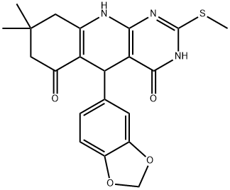 5-(1,3-benzodioxol-5-yl)-8,8-dimethyl-2-(methylsulfanyl)-5,8,9,10-tetrahydropyrimido[4,5-b]quinoline-4,6(3H,7H)-dione Struktur