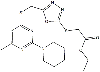 ethyl {[5-({[6-methyl-2-(1-piperidinyl)-4-pyrimidinyl]sulfanyl}methyl)-1,3,4-oxadiazol-2-yl]sulfanyl}acetate Struktur