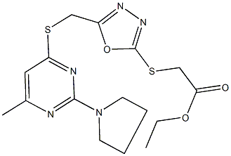 ethyl {[5-({[6-methyl-2-(1-pyrrolidinyl)-4-pyrimidinyl]sulfanyl}methyl)-1,3,4-oxadiazol-2-yl]sulfanyl}acetate Struktur