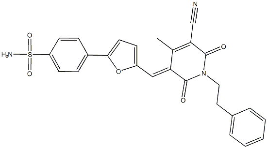 4-{5-[(5-cyano-4-methyl-2,6-dioxo-1-(2-phenylethyl)-1,6-dihydro-3(2H)-pyridinylidene)methyl]-2-furyl}benzenesulfonamide Struktur