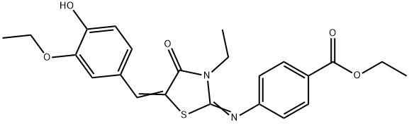 ethyl 4-{[5-(3-ethoxy-4-hydroxybenzylidene)-3-ethyl-4-oxo-1,3-thiazolidin-2-ylidene]amino}benzoate Struktur